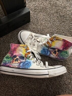 Converse White High-Top Sneakers with Rainbow Floral Skull Art